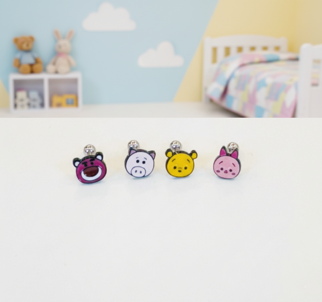 Tsum Tsum-Inspired Barbell Ball Earrings in Lotso, Pooh, Piglet & Hamm | 8TTITTO8