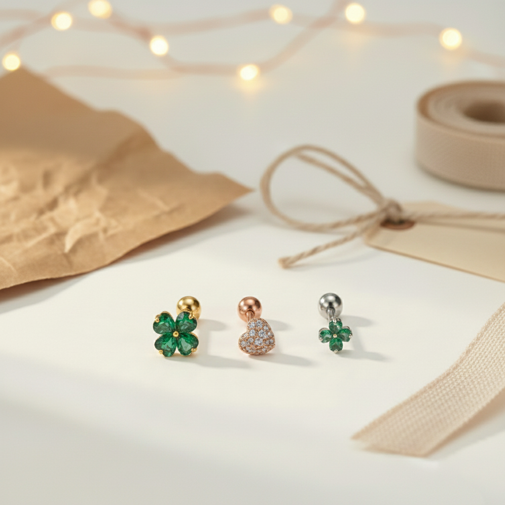 Clover Heart Barbell Earrings Set - 3 Piece Cartilage Helix Stud (Green CZ)