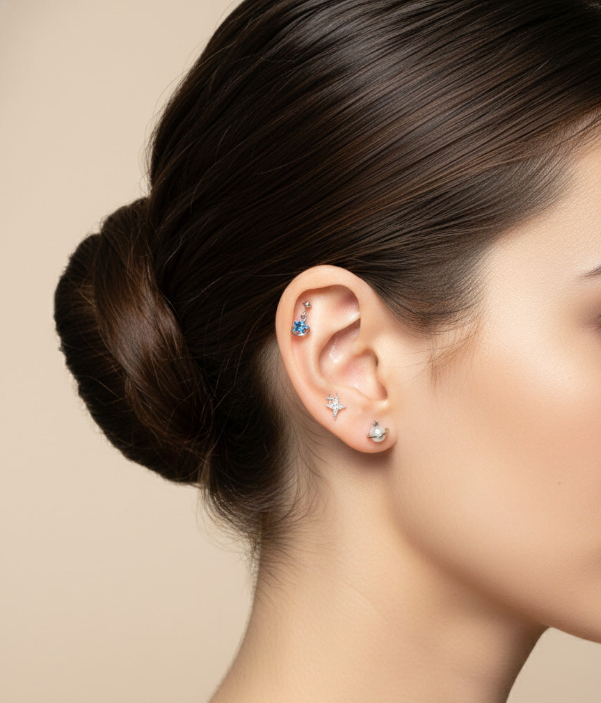 Planet Dangle Star Barbell Stud – Surgical Steel Bar, Clear/Blue CZ, Silver·Gold·Rose Gold