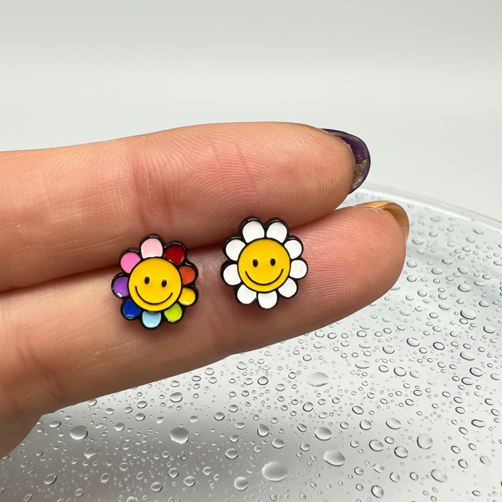 One colorful and one white smiley flower stud earring held in hand, both with silver posts
