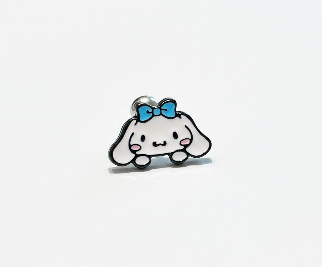 Cinnamoroll with blue ribbon design, surgical steel hypoallergenic stud featuring angelic pastel aesthetic
