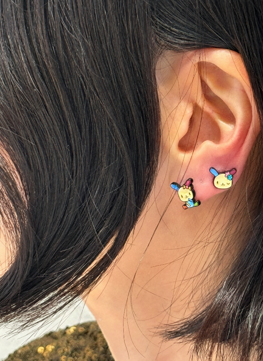 Usahana Style Asymmetric Bunny Earrings – Sterling Silver Post, Handmade Cute Character Studs