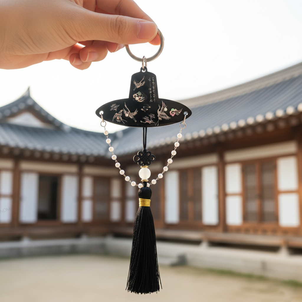Single black tassel keychain with Korean traditional hat motif and pearl strands, held by hand in front of a hanok house.