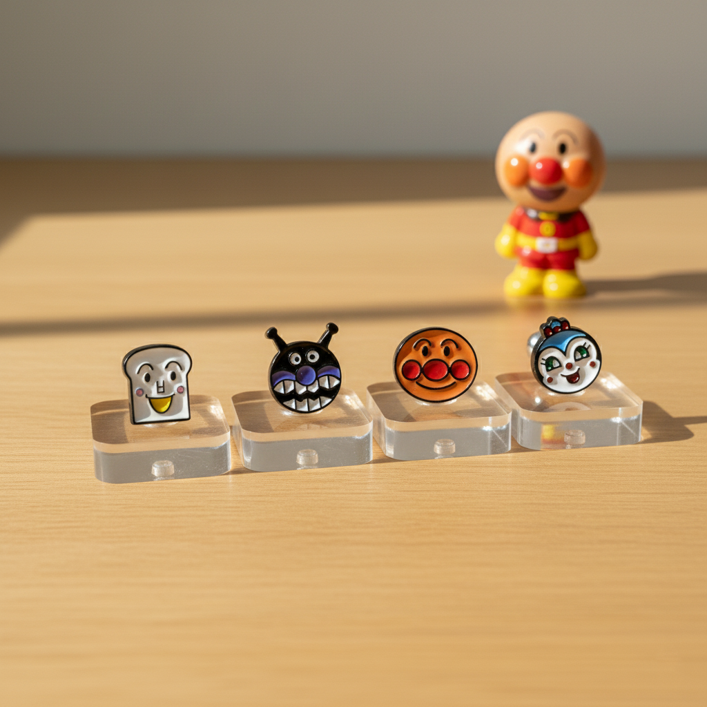 Full Anpanman character barbell earring set displayed on a table – includes Baikinman, Anpanman, Shokupanman, and Dokinchan.