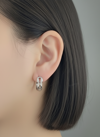 Pave Safety Pin Huggie Hoop Earrings Gold Silver