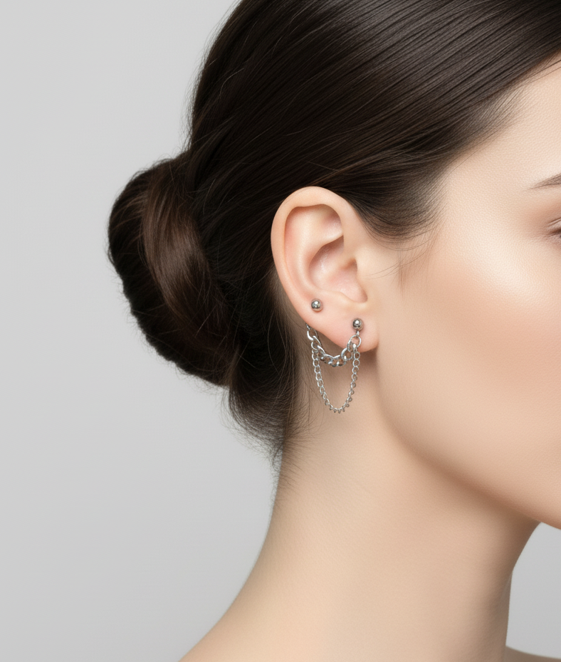  Double chain barbell ball earring - front view