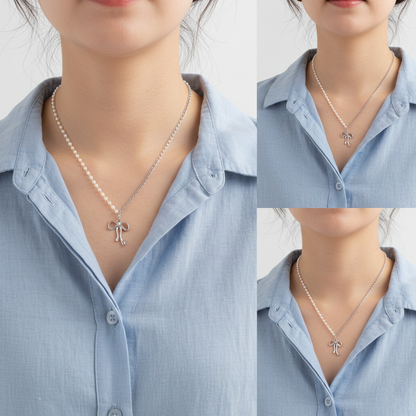 Pearl Chain Ribbon Pendant Necklace in Gold and Silver