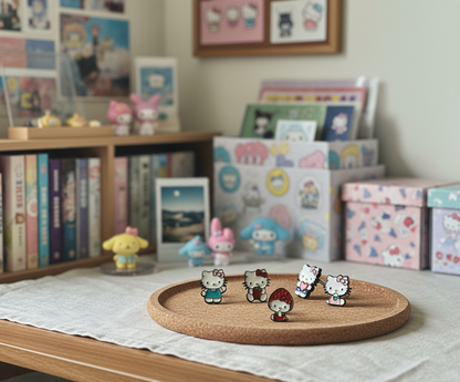 Cute Hello Kitty earrings in various outfits arranged on a cork tray, surrounded by Sanrio decor and stationery on a pastel bookshelf.