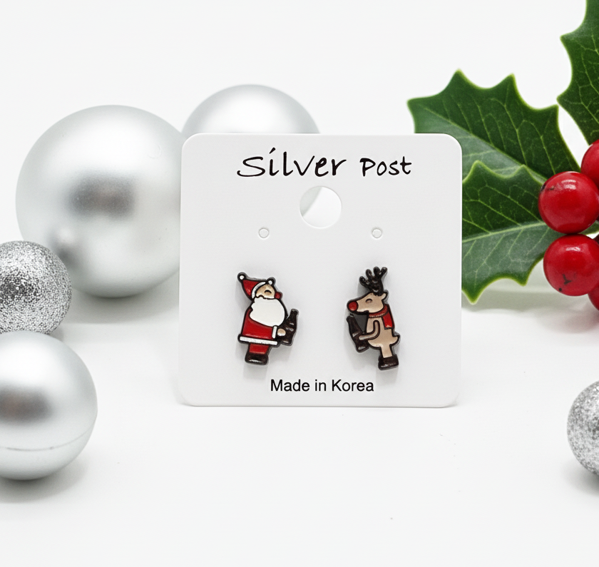 Santa & Rudolph Silver Post Earrings – Handmade in Korea