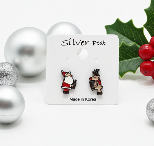 Santa & Rudolph Silver Post Earrings – Handmade in Korea