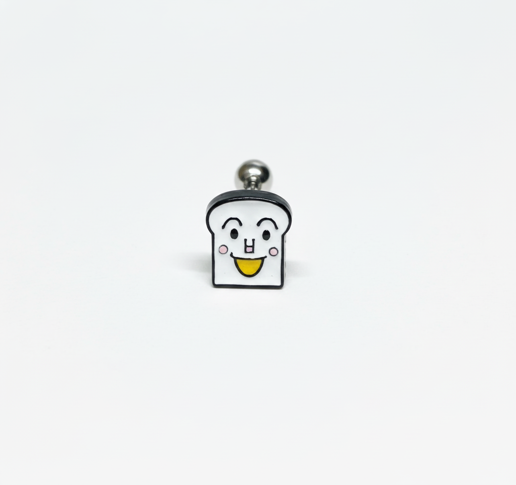 Single white bread character barbell stud earring (Shokupanman) on white background.