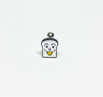 Single white bread character barbell stud earring (Shokupanman) on white background.