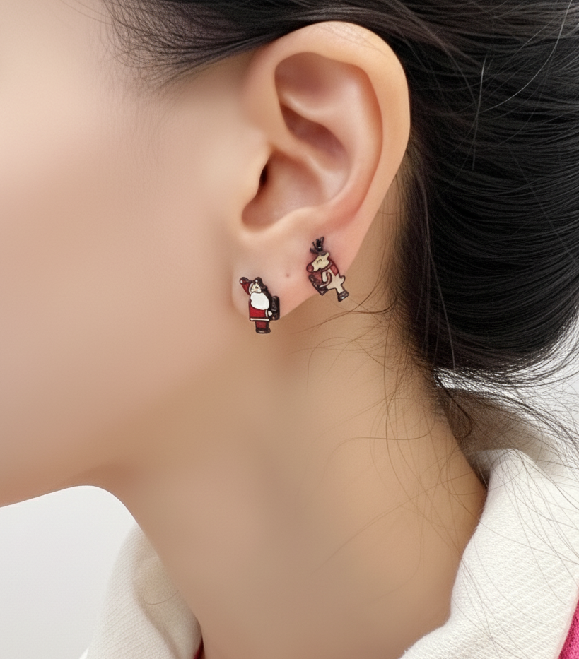 Santa & Rudolph Silver Post Earrings – Handmade in Korea