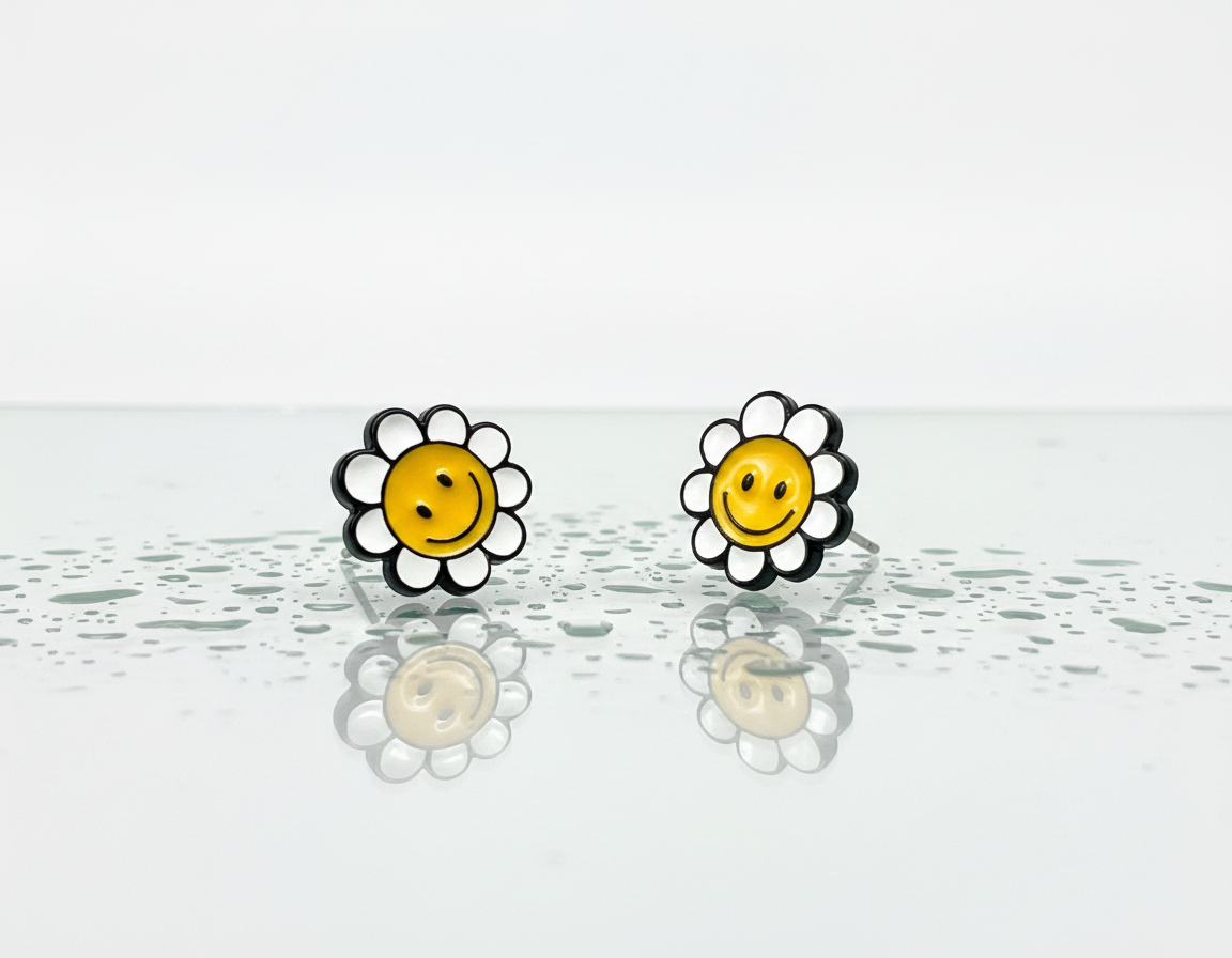 White smiley flower stud earrings with silver post, displayed on a reflective water-sprinkled surface.