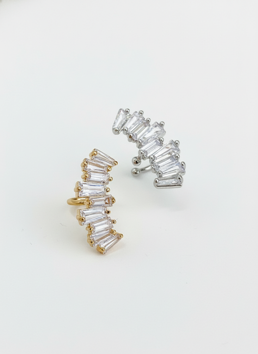 Gold and silver baguette-cut cubic zirconia ear cuffs standing upright on a clean white background, brass material, handmade in Korea