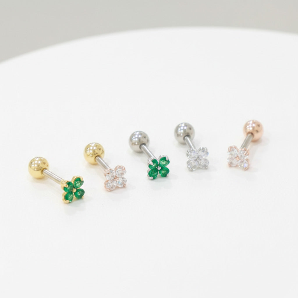 Clover Barbell Stud • Green or Clear CZ • Surgical Steel Piercing
