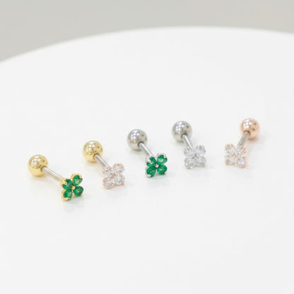 Clover Barbell Stud • Green or Clear CZ • Surgical Steel Piercing