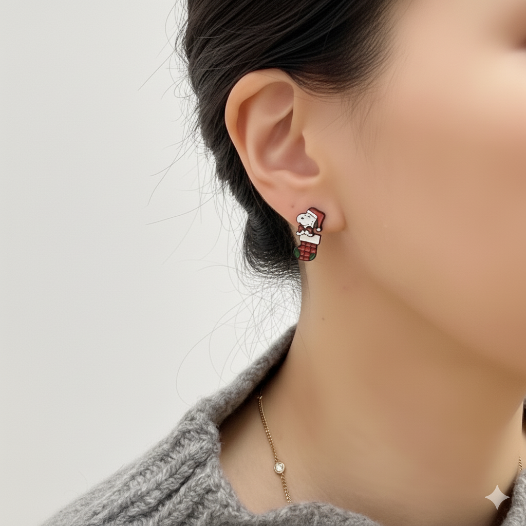 Christmas Snoopy & Woodstock 2-Way Drop Earrings – Handmade in Korea, Sterling Silver