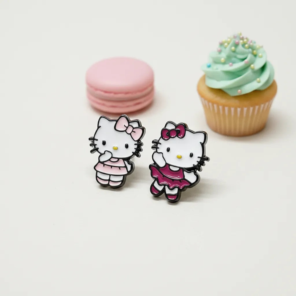 Balletcore aesthetic Hello Kitty enamel cartilage studs in pink and magenta tutus, styled with pastel treats for a sweet Y2K jewelry look