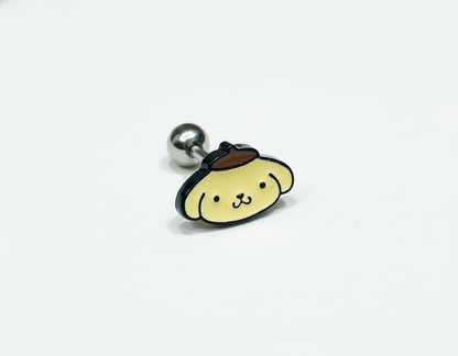 A barbell-style piercing featuring the classic Pompompurin character's calm face with a beret, photographed against a white background.