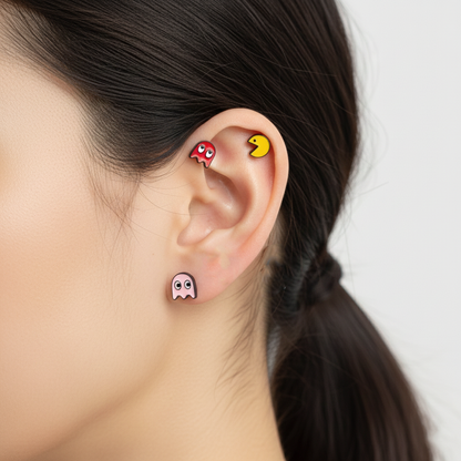 Retro Barbell Earrings with Pacman & Ghosts – Stainless Steel