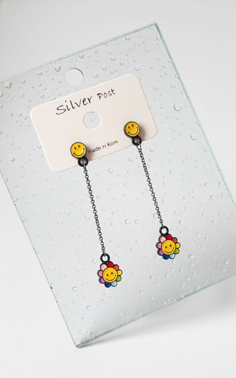 Smiley Daisy Long Drop Earrings – Silver Post, Handmade in Korea