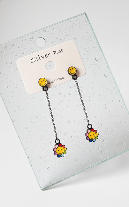 Smiley Daisy Long Drop Earrings – Silver Post, Handmade in Korea