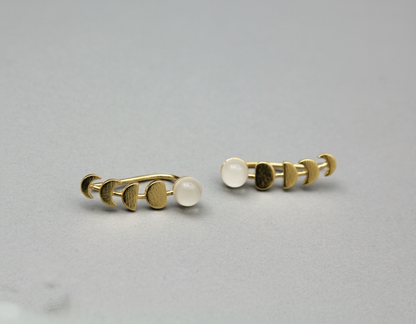 Celestial Moon Phase Ear Climbers | Gold Plated Brass & Glowing Faux Moonstone Crawlers