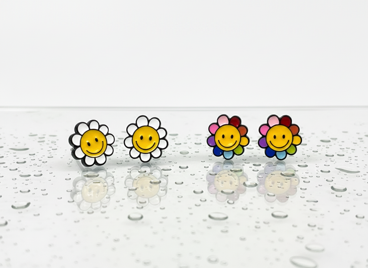 Two pairs of smiley flower earrings — one white, one rainbow — arranged on a water-drop glass background.