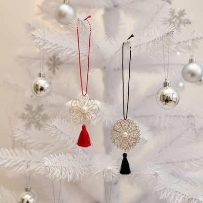 Korean norigae ornaments on white Christmas tree with lights