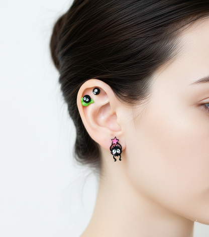Soot Sprite Susuwatari Barbell Earrings – Studio Ghibli Inspired Surgical Steel | 8TTITTO8