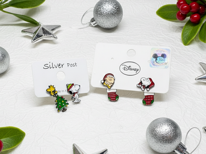 Christmas Snoopy & Woodstock 2-Way Drop Earrings – Handmade in Korea, Sterling Silver