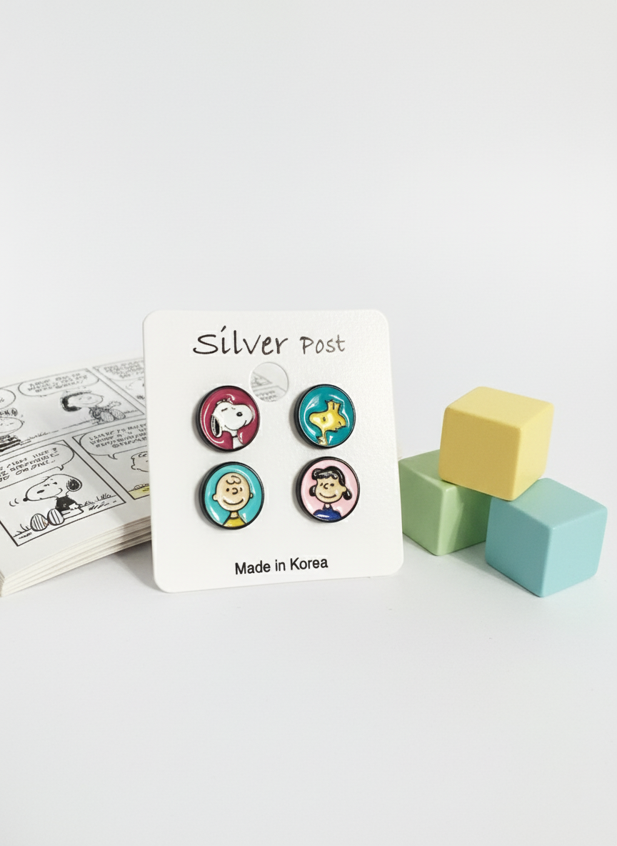 Handmade Snoopy, Woodstock, Lucy & Charlie Brown Studs – 4-Pair Silver Post Set