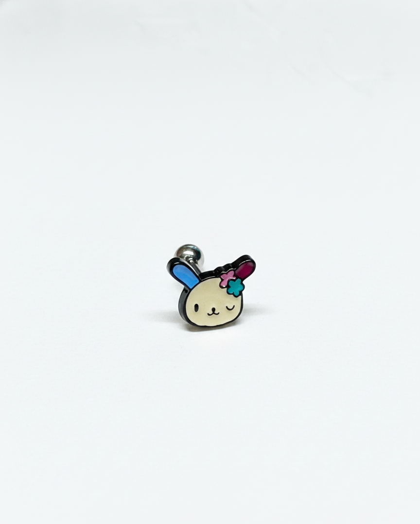 single pastel bunny-face barbell stud earring with blue and pink ears on a white background