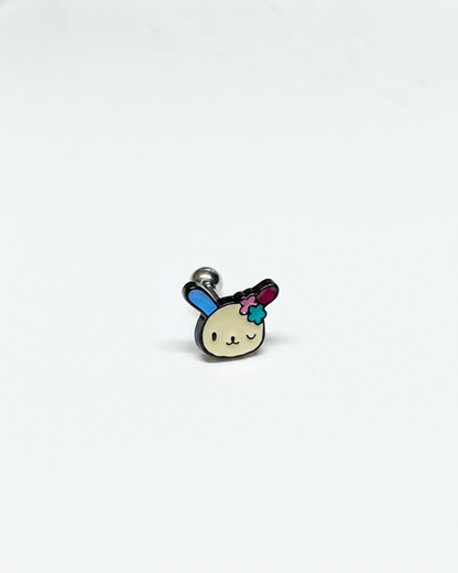 single pastel bunny-face barbell stud earring with blue and pink ears on a white background