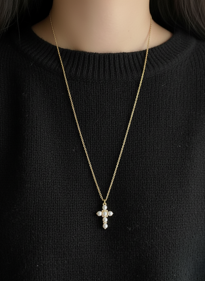 Sterling Silver Pearl Cross Necklace with Swarovski Pearls
