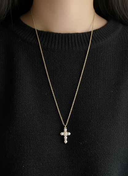 Sterling Silver Pearl Cross Necklace with Swarovski Pearls