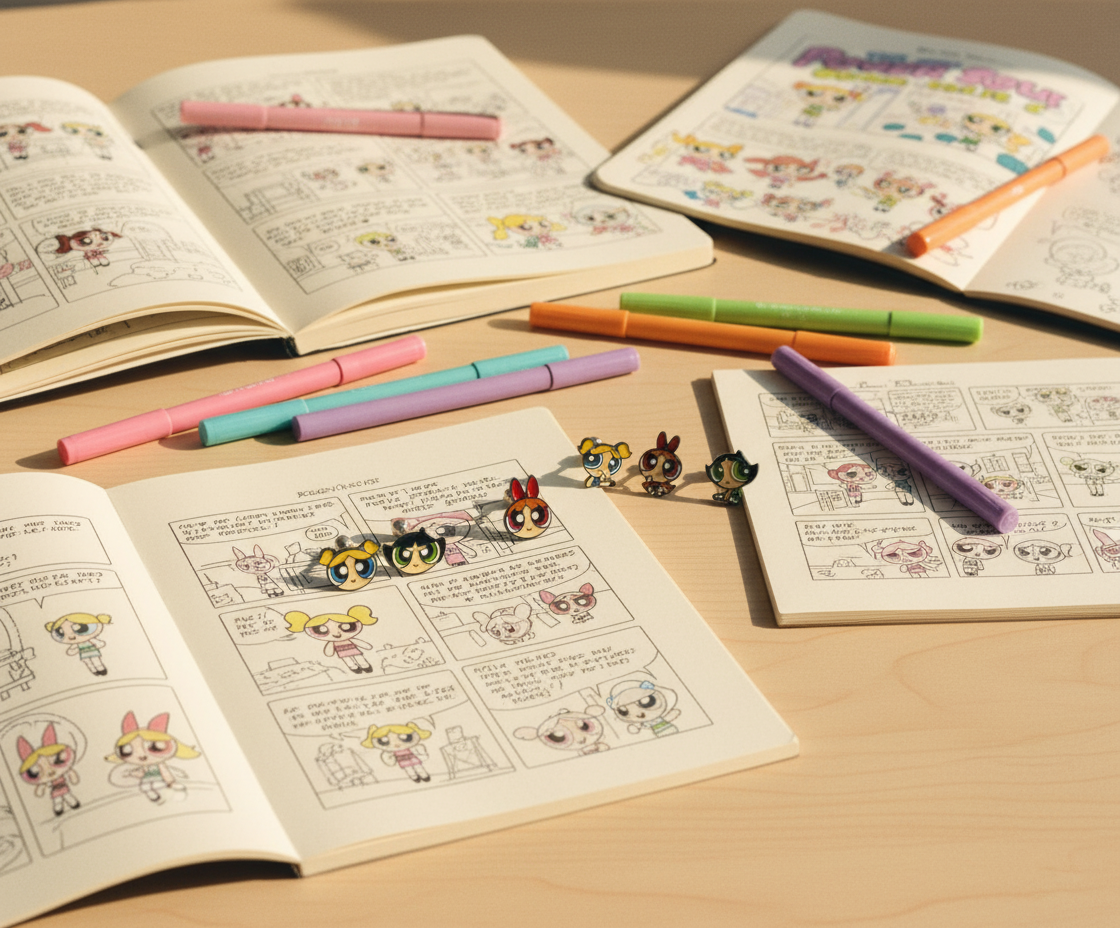 Powerpuff Girls–inspired barbell earrings displayed on open comic-style notebooks with pastel markers scattered on a wooden desk