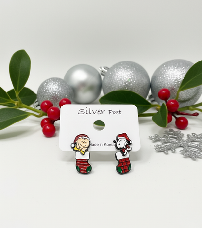 Christmas Snoopy & Woodstock 2-Way Drop Earrings – Handmade in Korea, Sterling Silver