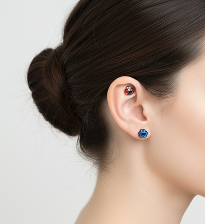 Sesame Street earrings worn on ear Elmo Cookie Monster mix and match