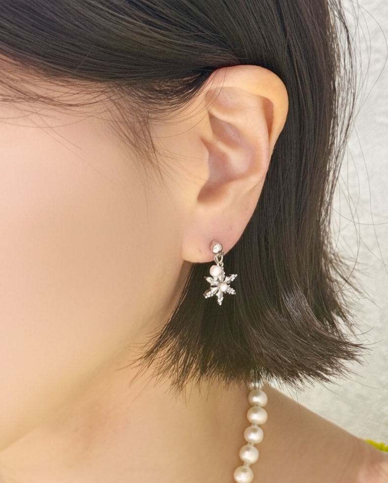 Snowflake Pearl Drop Earrings – Dainty Winter Sparkle