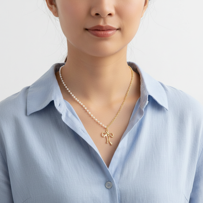 Pearl Chain Ribbon Pendant Necklace in Gold and Silver