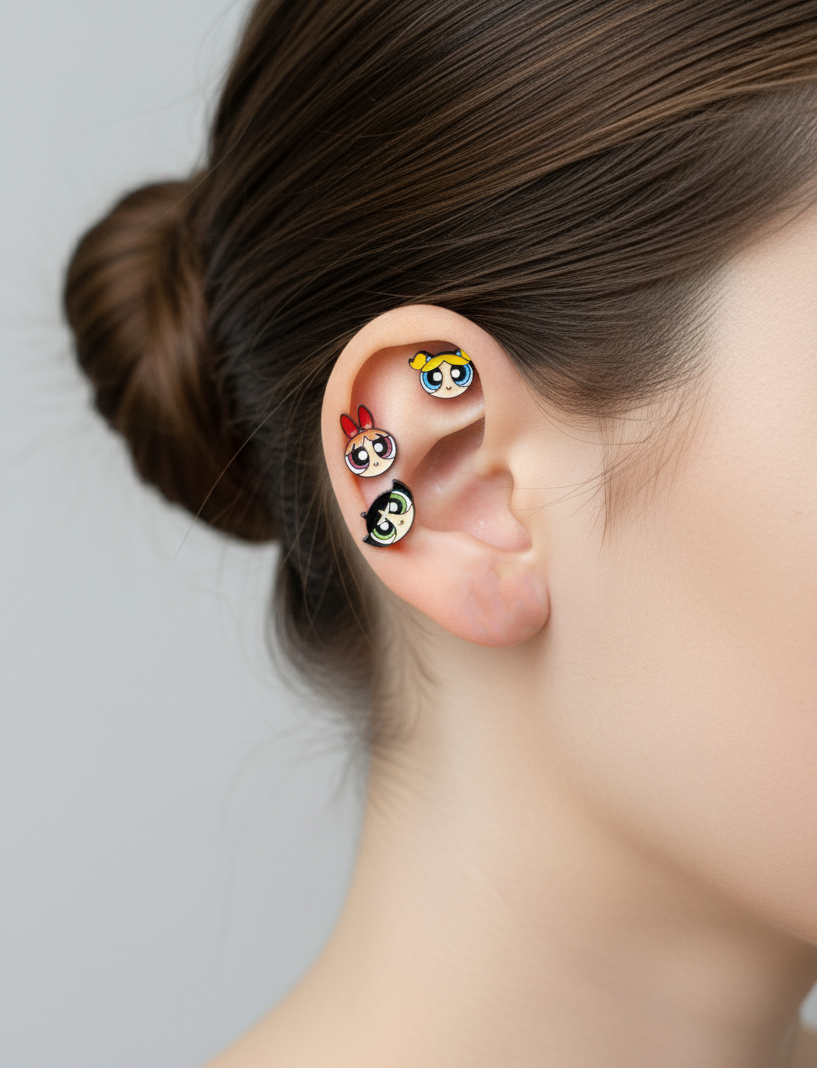 woman wearing three tiny Powerpuff Girls–inspired character barbell earrings stacked along the ear in a studio close-up.