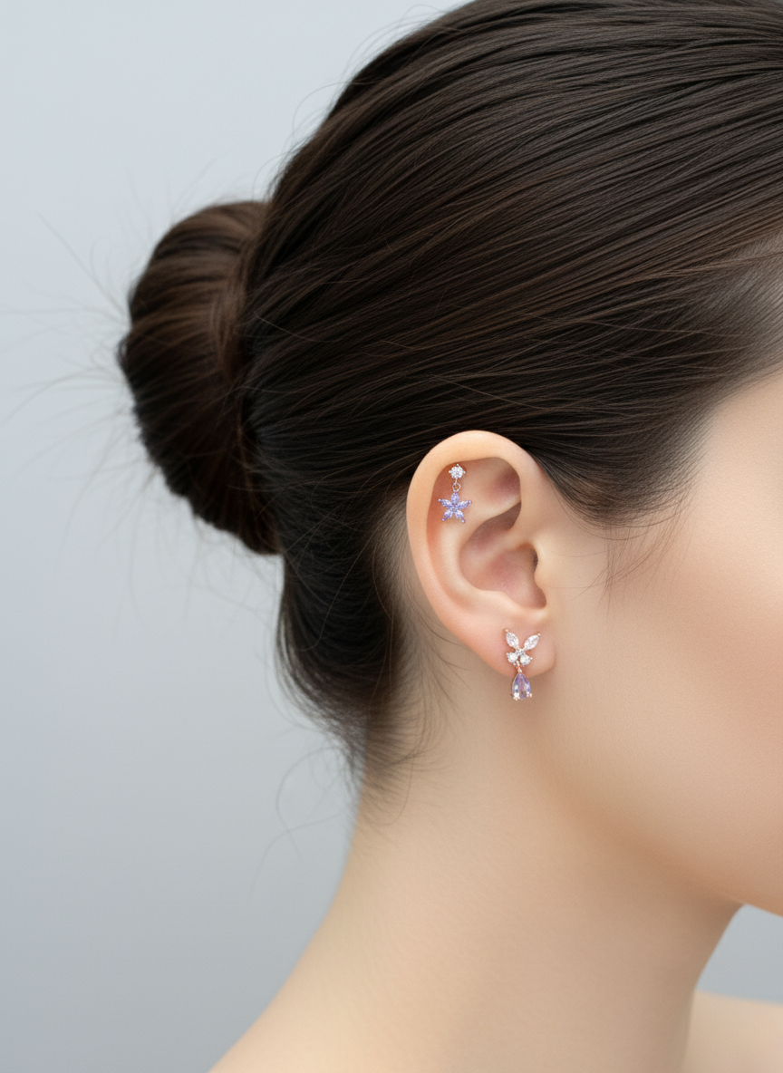 Butterfly Drop Barbell Earrings – Purple & Clear CZ | Cartilage Piercing | 8TTITTO8