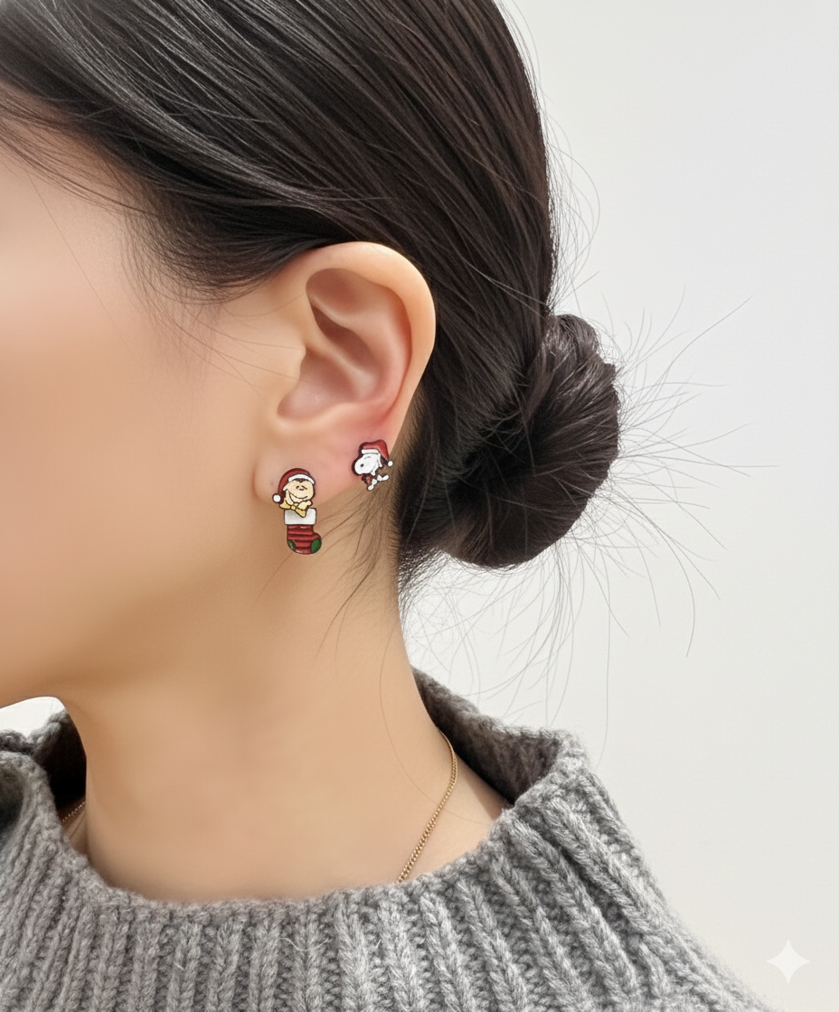 Christmas Snoopy & Woodstock 2-Way Drop Earrings – Handmade in Korea, Sterling Silver