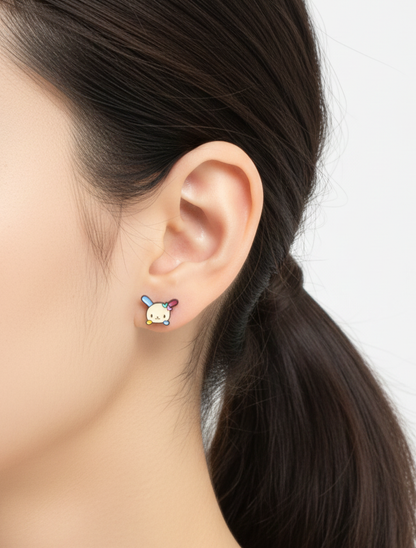 minimal ear shot wearing one Ussahana-inspired pastel bunny-face barbell stud in surgical steel