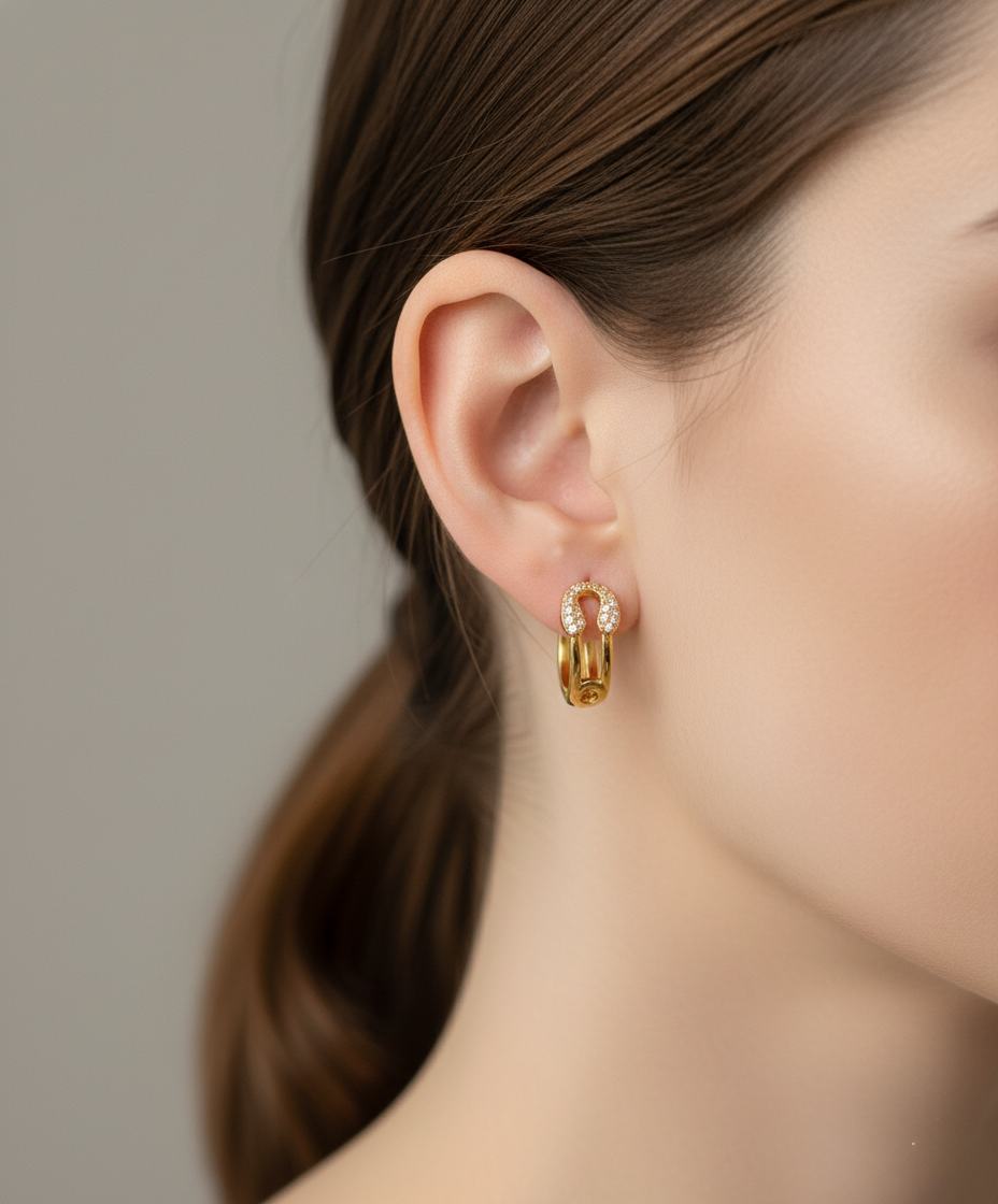 Pave Safety Pin Huggie Hoop Earrings Gold Silver