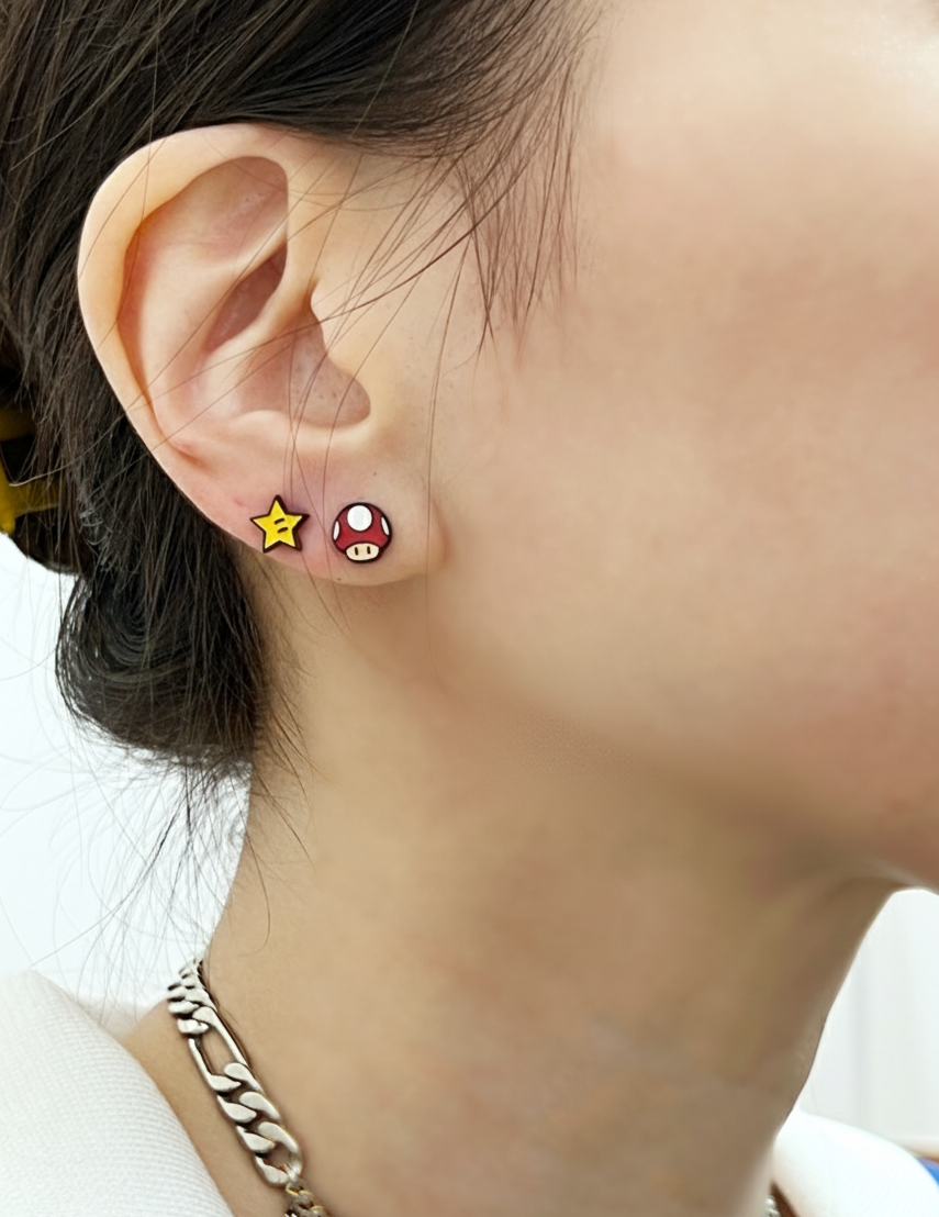 Super Mario Inspired Silver Post Earrings Set – 4 Piece Character Studs – Handmade in Korea
