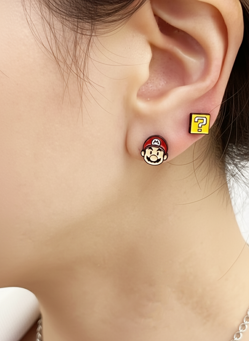 Super Mario Inspired Silver Post Earrings Set – 4 Piece Character Studs – Handmade in Korea