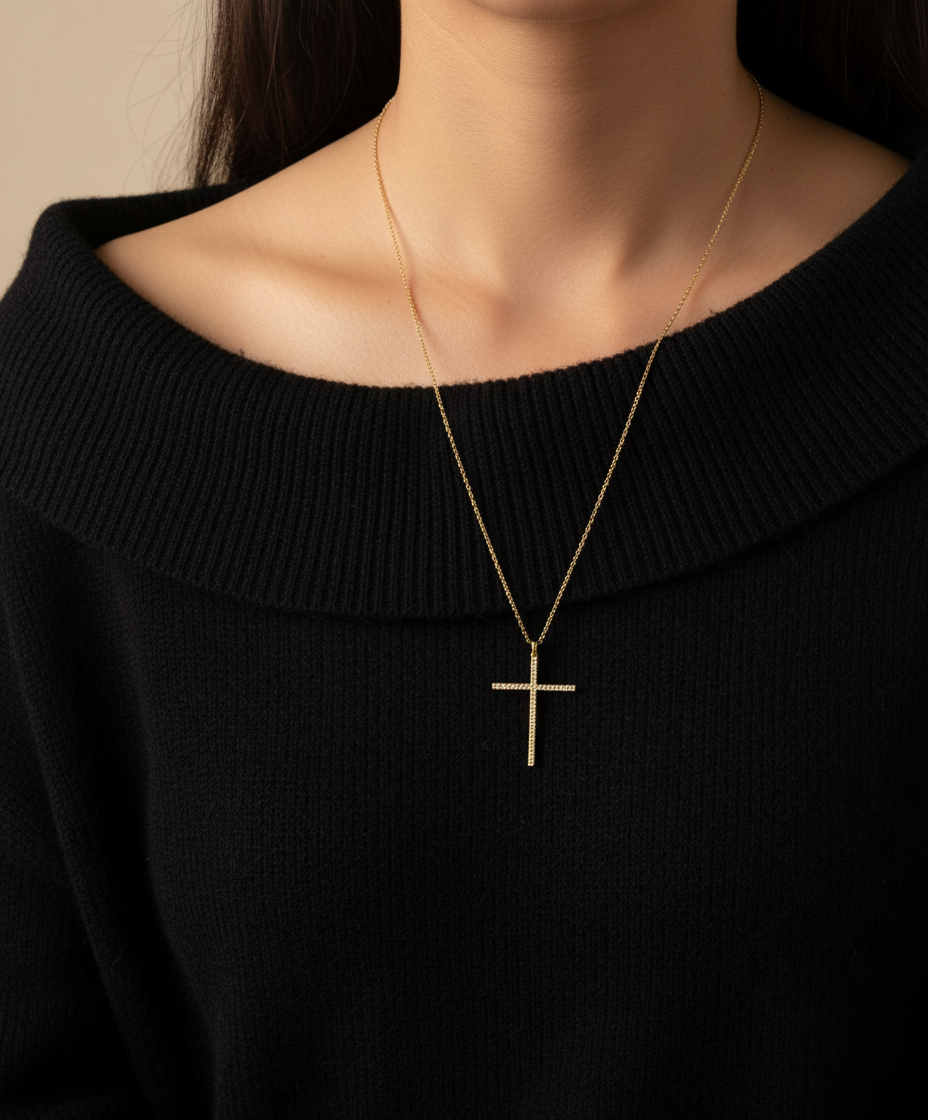 925 Sterling Silver Pave Setting Cross Pendant Necklace l Minimalist Long Chain Necklace